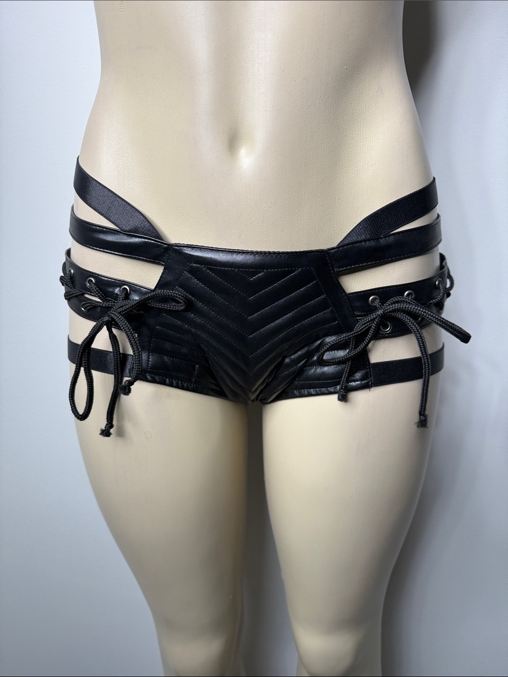 Black Strappy Lace-Up Faux Leather Women’s Hipster Shorts